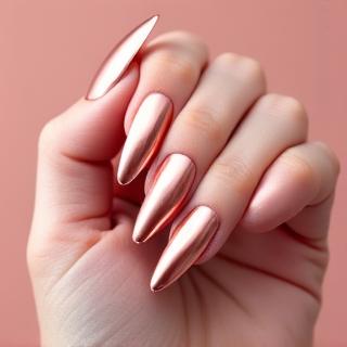 Ongles avec effet chrome rose poudré et finition brillante