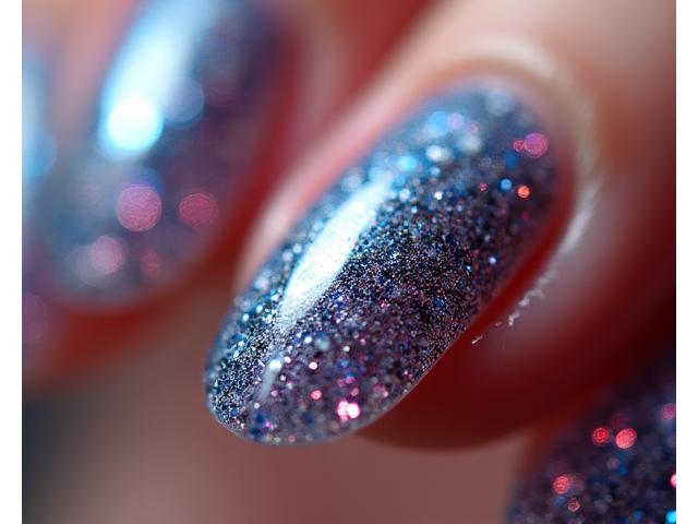 Gros plan sur un ongle avec un nail art complexe et scintillant, effet chrome ou cat-eye.